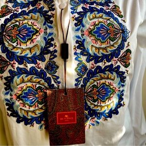 Etro White and Blue Embroidered Button Down Shirt